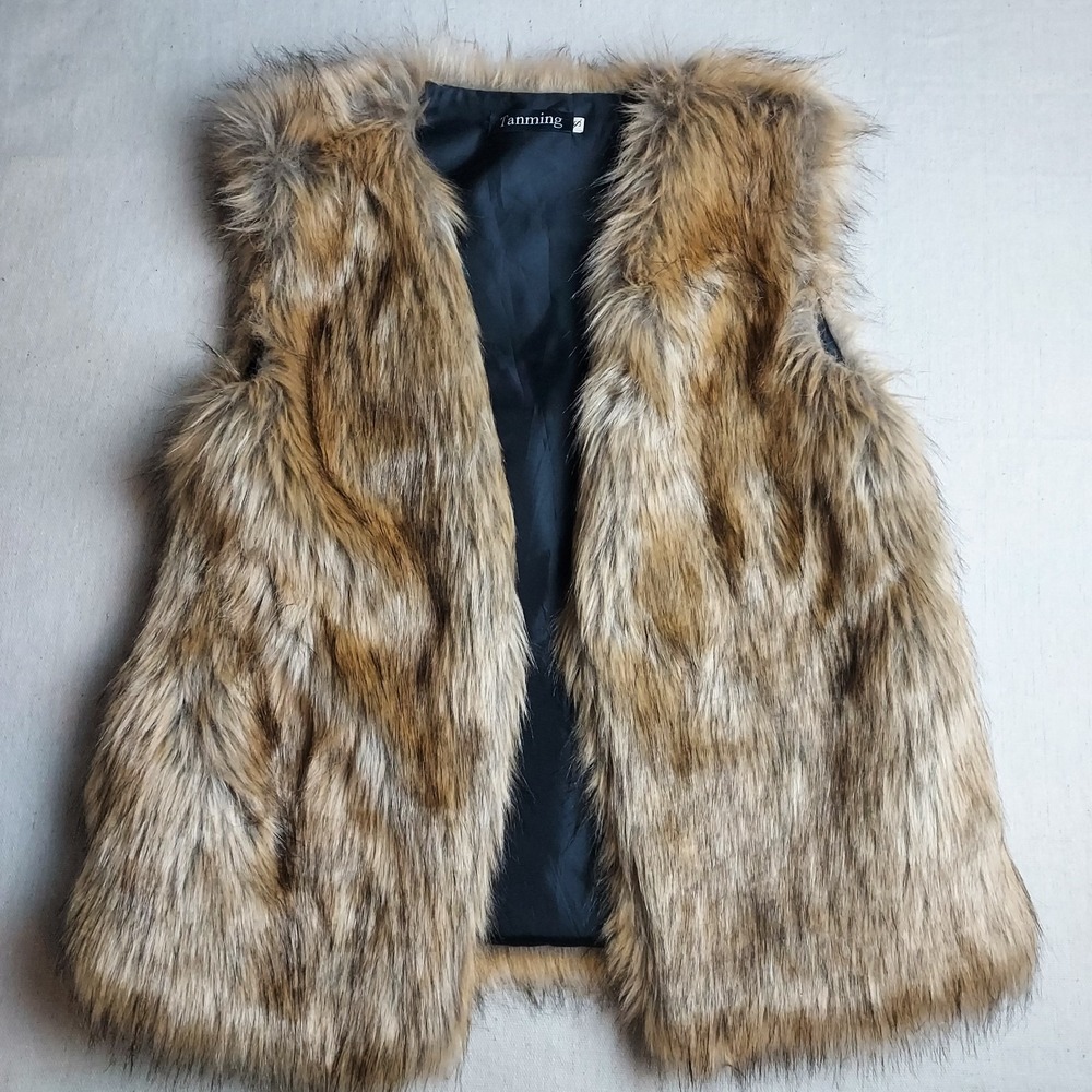 Tanming Women's Small Brown Faux Fur Vest Open Front Shaggy Boho...